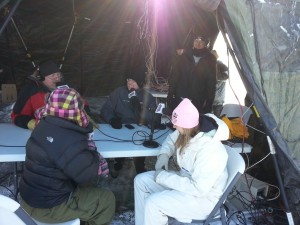 KKMS (AM 980) Radio interview, broadcasting live over the Internet from a frozen lake in Minnesota. Infrasupport firewall and portable LAN equipment on the table in the background. 