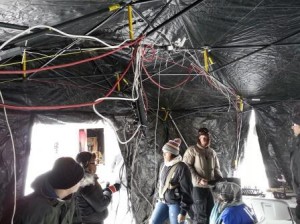 Holes for Heroes 2013. Hooking up KKMS Radio, AM 980, to the Internet in the middle of frozen Medicine Lake In the Twin Cities. Yup, that is an Aruba wireless Access Point near the top of the tent.